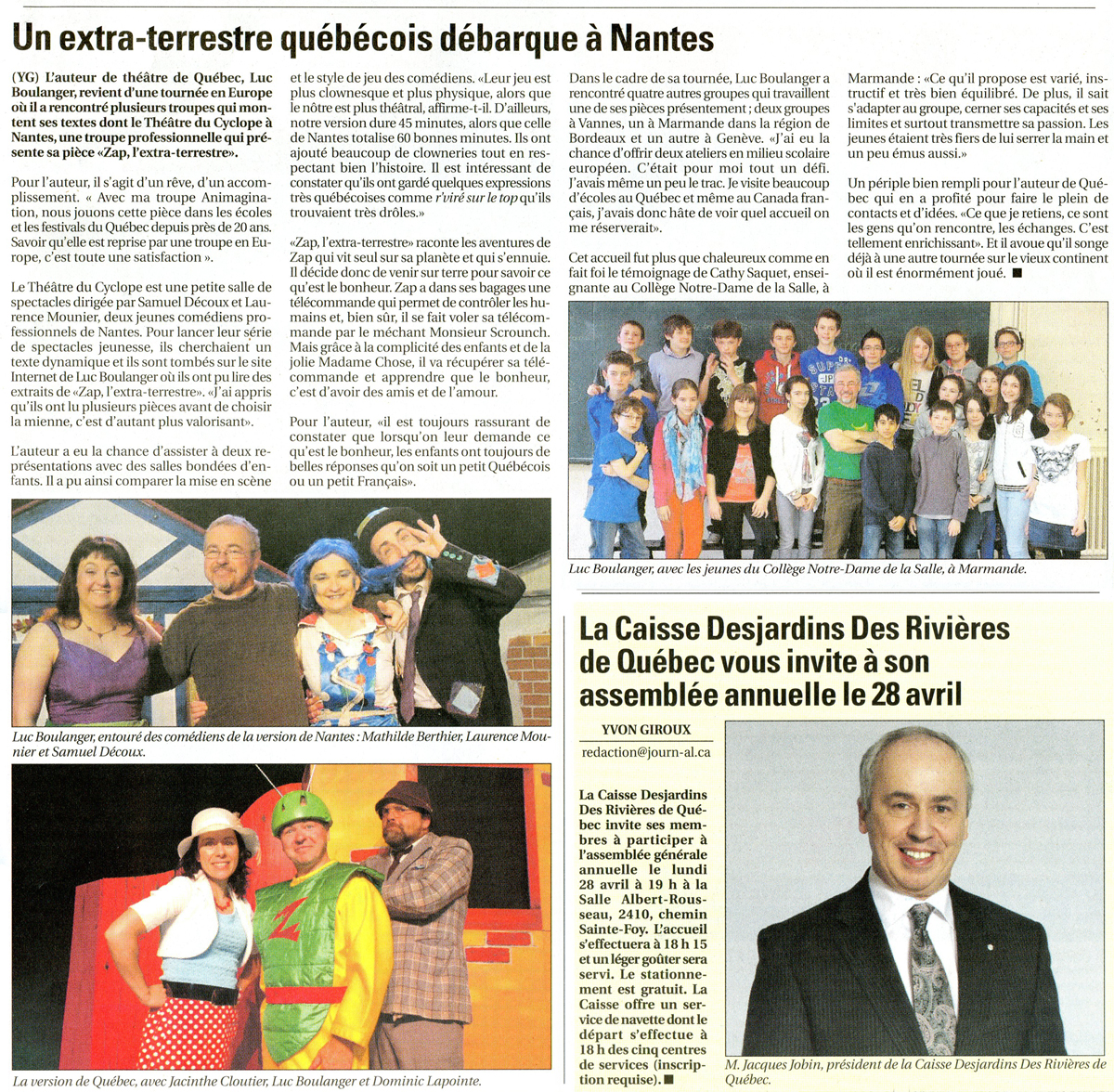 Article de journal sur une tournée d'ateliers de Luc Boulanger en Europe